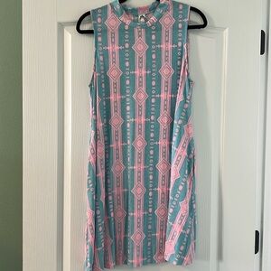 Blue and pink high necked dress